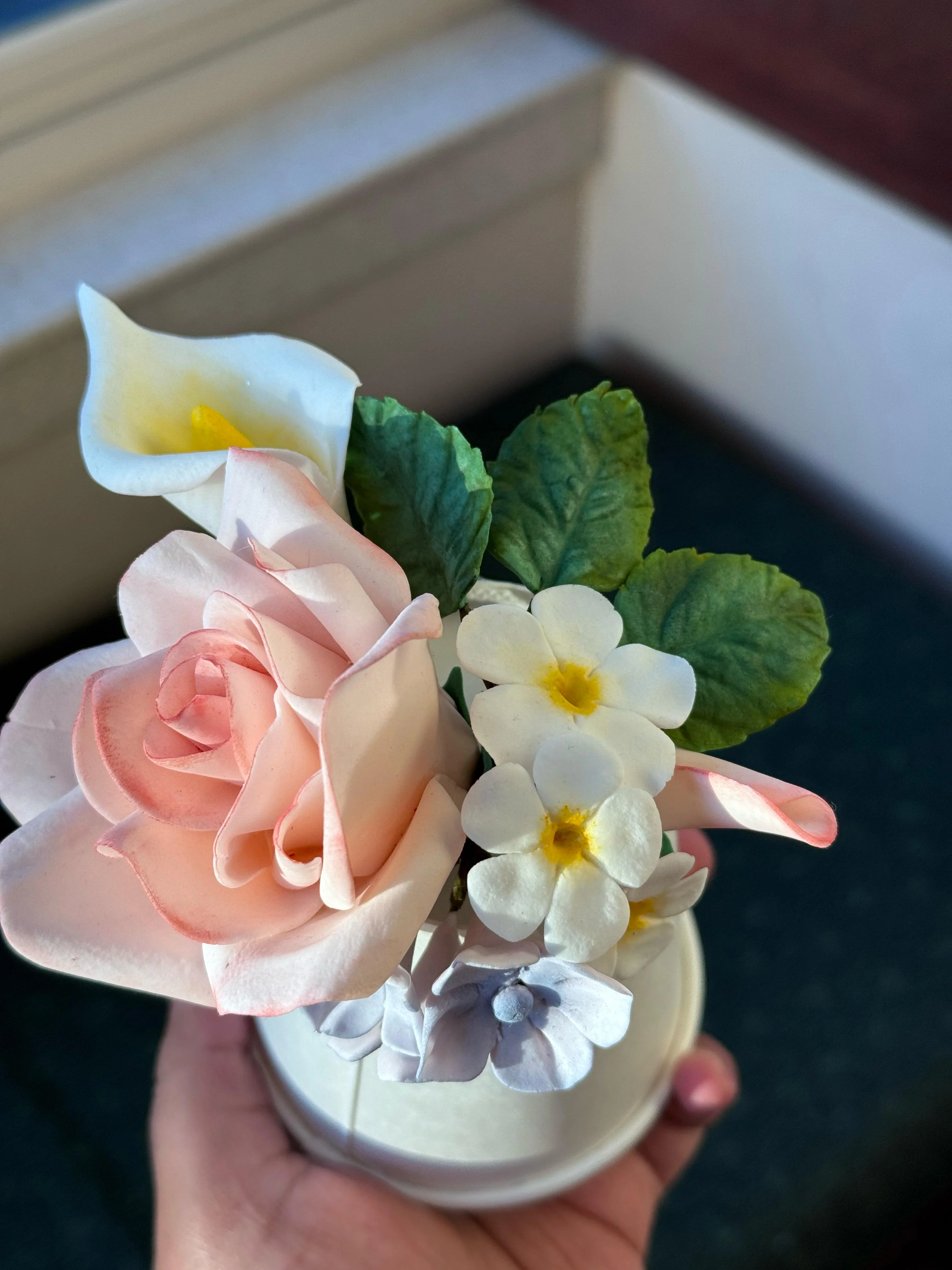 Rose — hand-petalled gum-paste rose dusted and assembled in twelve passes